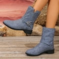 thumbnail image 3 of Denim Wide Calf Ankle Boots for Women V Cut Buckle Strap Low Heel Round Toe Mid Calf Fall Boots, 3 of 8