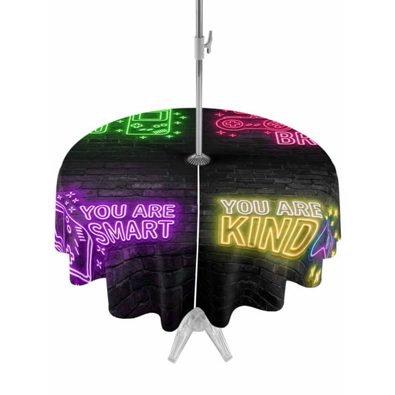 Outdoor Tablecloth with Umbrella Hole Zipper Neon Video Game Round Tablecloth 54" Waterproof Table Cloth Cartoon Funny Colorful Text Gaming Brick Patio Table Cover Tablecloths for Picnic Party