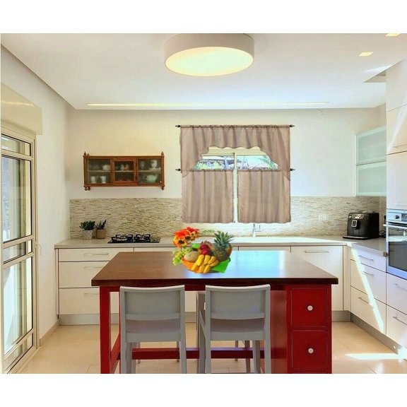 (K66)3 PIECE VOILE ROD POCKET WINDOW KITCHEN SHEER CURTAIN SET 2 TIER PANELS & 1 SWAG VALANCE ,VARIOUS SOLID COLORS (TAUPE)