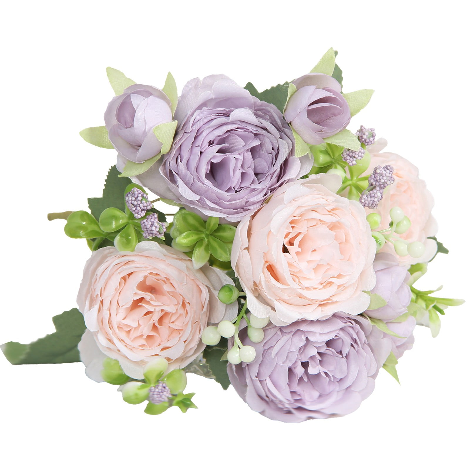 1 Pc 12.6 Short Stem Artificial Silk Peony Bouquet 5-Head Faux Cabbage Rose Bush with Buds & Berries Wrinkled Soft Touch Vintage Farmhouse Decor Soft Lavender Pink & Mauve
