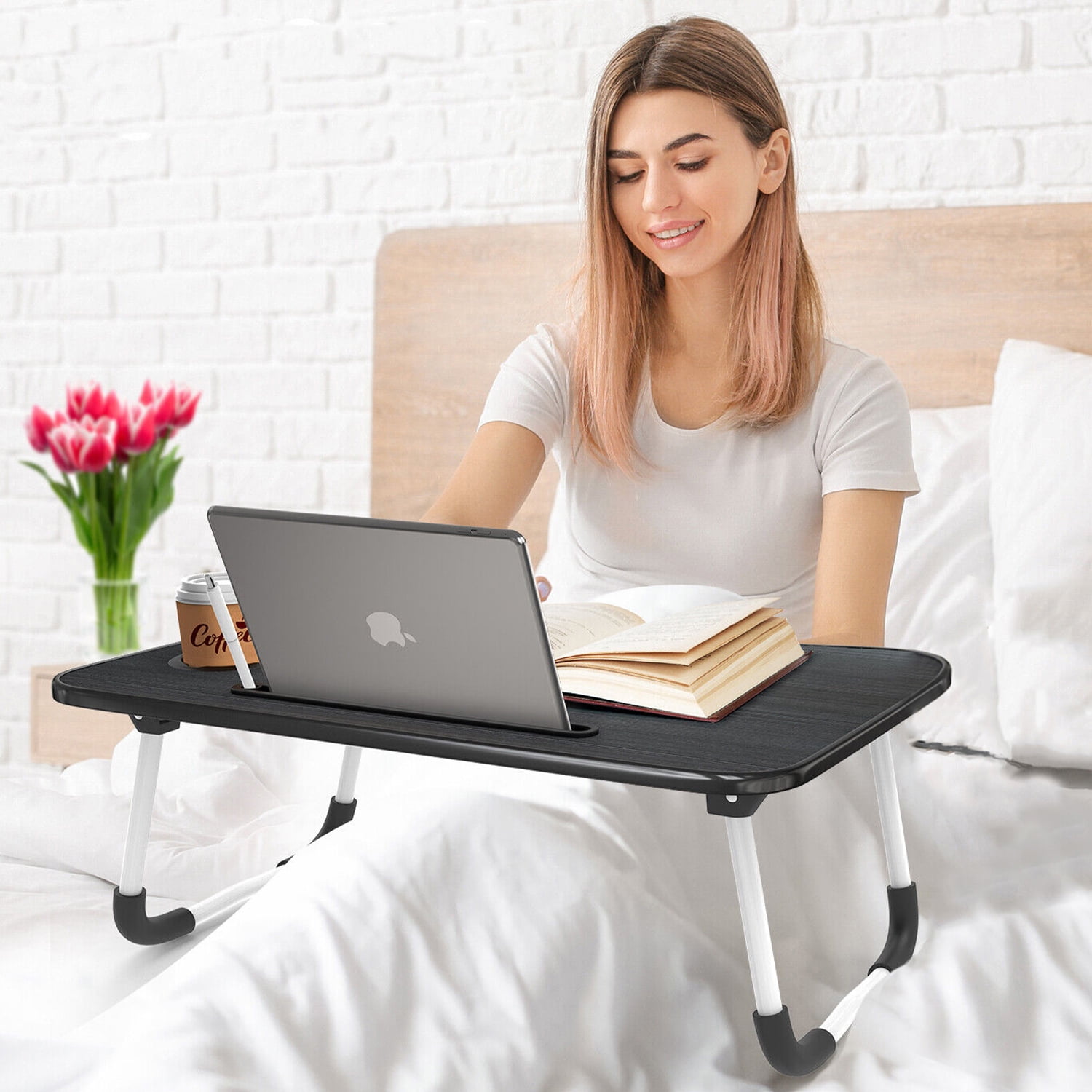 Foldable Laptop Desk for Bed, Bed Tray Table with 4 USB Ports, Cup Holder and Draw, Bed Standing Table for Working Reading Writing, Eating for Bed Sofa Couch Floor, with Mini Lamp & Fan