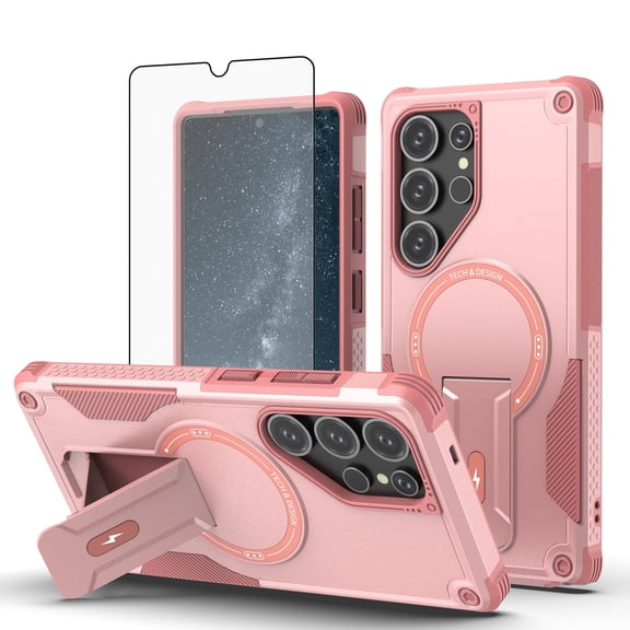 Dswteny Phone Case for Samsung Galaxy S25 Ultra 5G with Magsafe Tempered Glass Screen Protector Cell Cover Stand Rugged Shockproof Heavy Duty Magnetic Protective S25Ultra 25S S25 25Ultra6.9 2025 Pink