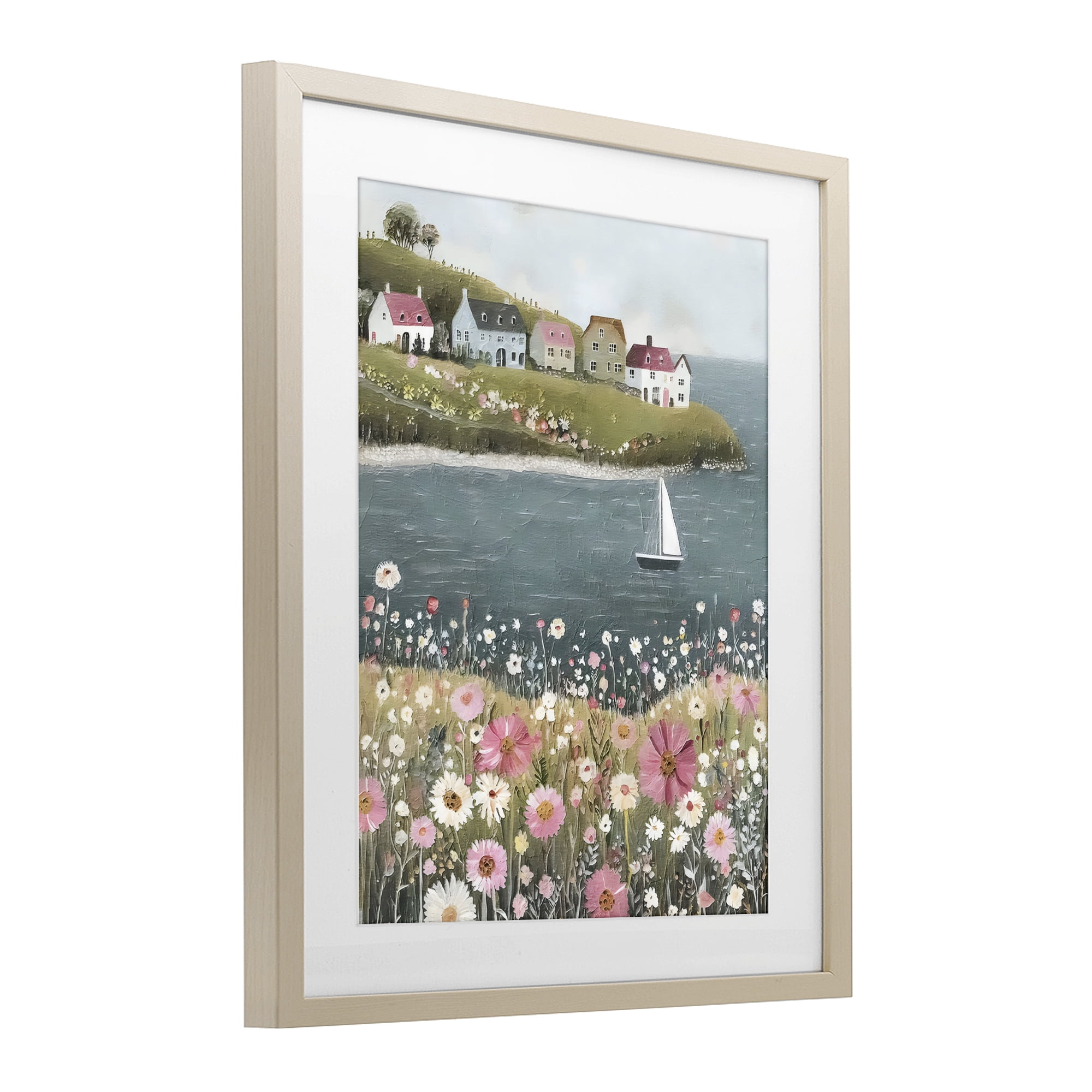 Stupell Industries Pink Meadow & Sailboats Birch Framed Print Under Glass, design by Riley B
