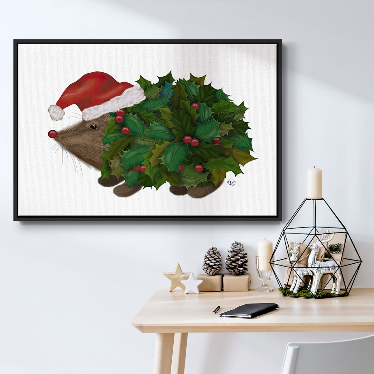 Christmas Holly Hedgehog - Framed Gallery Wrapped Holiday Canvas - 25 x 37 - Black Frame