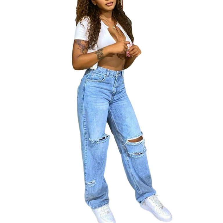 Miarhb Women High Waisted Baggy Ripped Jeans Boyfriend Fashion Large Denim Baggy Blue Jeans for Girls, Women's, Size: Small