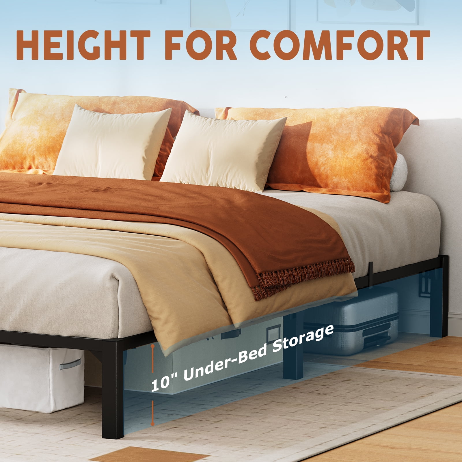 King Size 10" High Platform Bed Frame, Heavy Duty Steel Slat Support with Underbed Storage, 800 lb Capacity, No Box Spring, Tool-Free No-Screws Assembly, Easy Setup (Black)