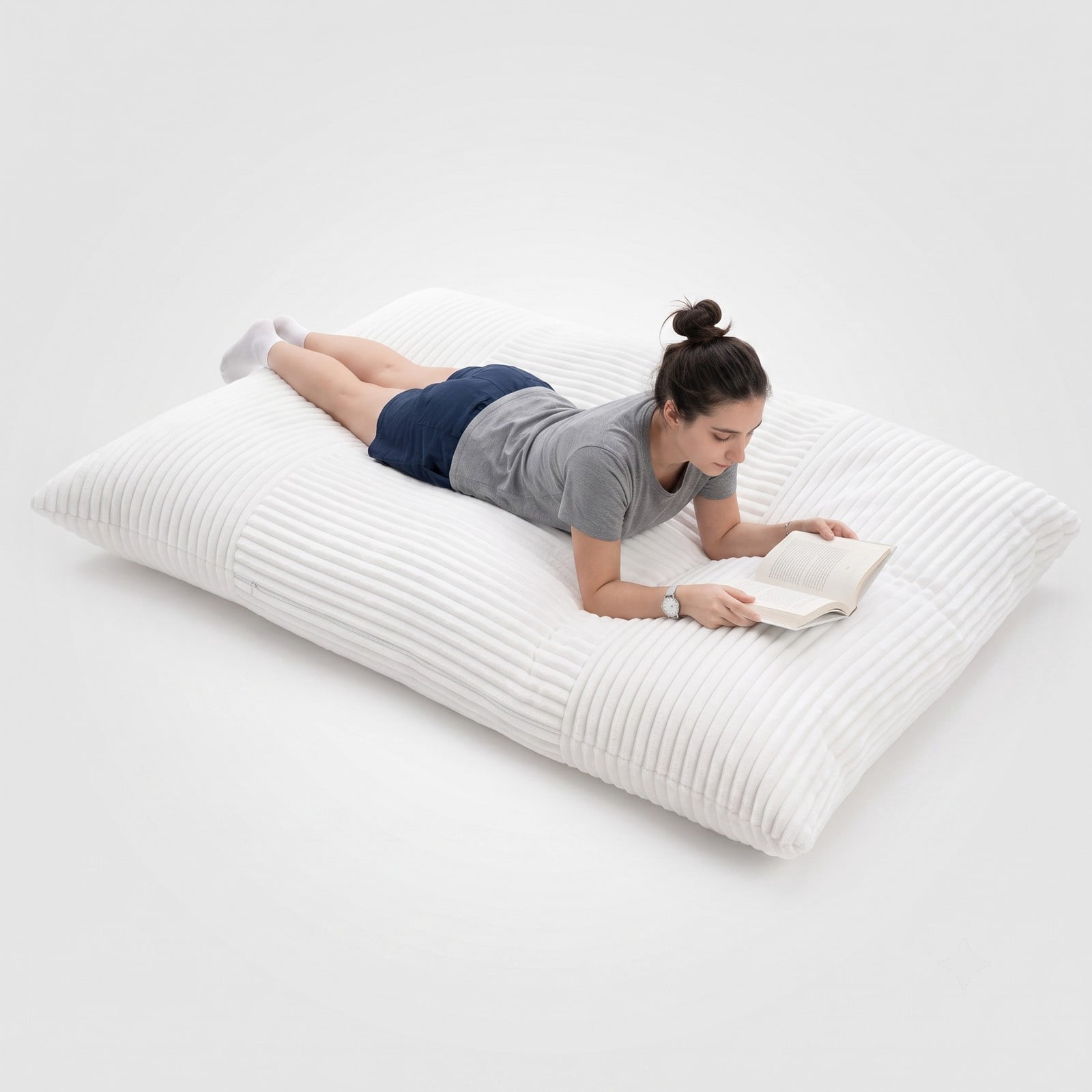 Furnibear Convertible Bean Bag Floor Sofa with Machine-Washable Corduroy Cover, Shredded Foam Lounger Bean Bag Bed for Dorm Living Room Reading Gaming, Beige