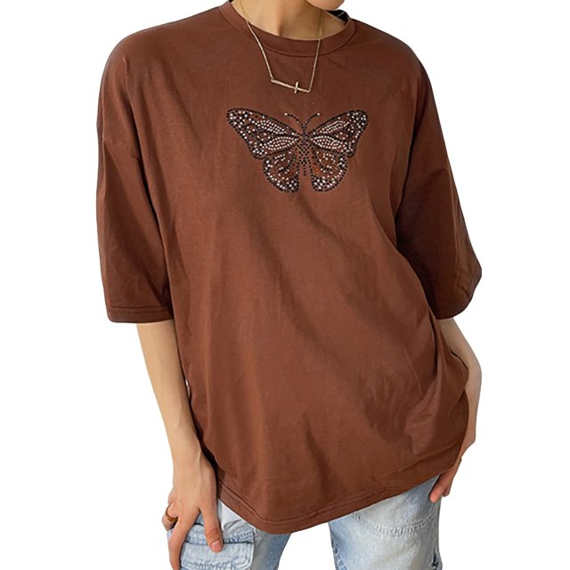 VISgogo, camiseta informal de manga corta para mujer, camisetas sueltas con estampado de mariposa y diamantes de imitación a la moda con cuello redondo VISgogo moda