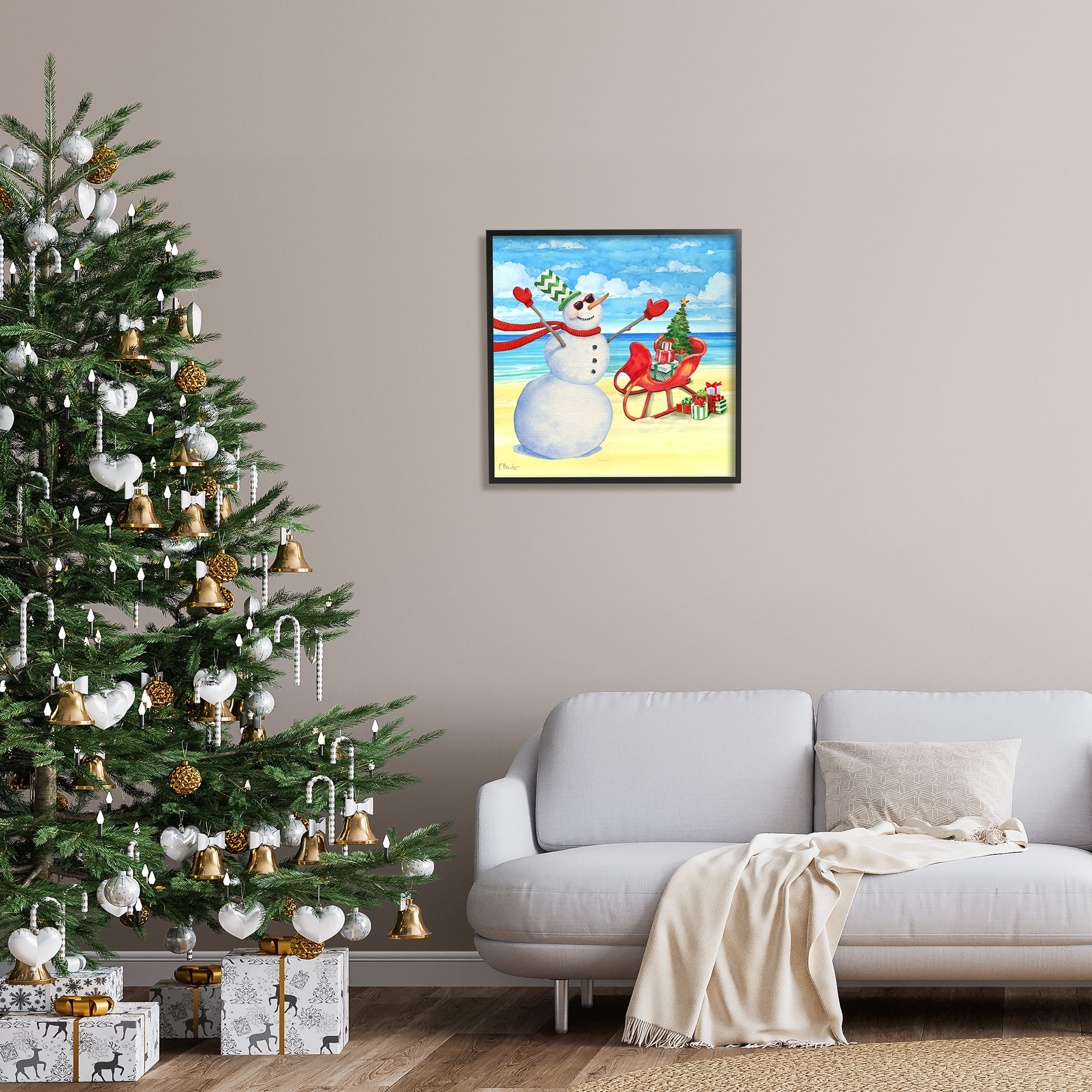 Stupell Industries Snowman on Beach Scene Holiday Painting Black Framed Art Print Wall Art, 24 x 24