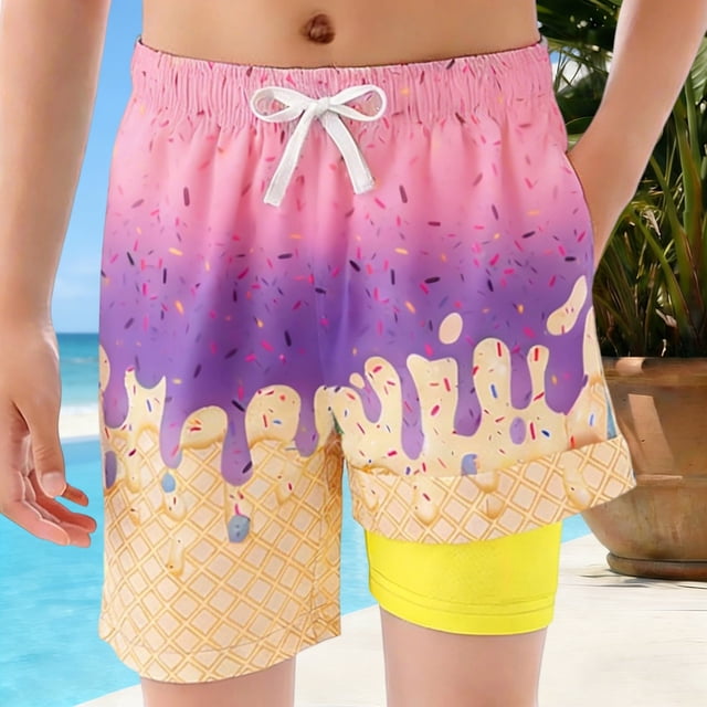 Kids Kids Swim Trunks With Ice Print Elastic Waist Drawstring Quick Dry Boy Clothes 5-6 Years