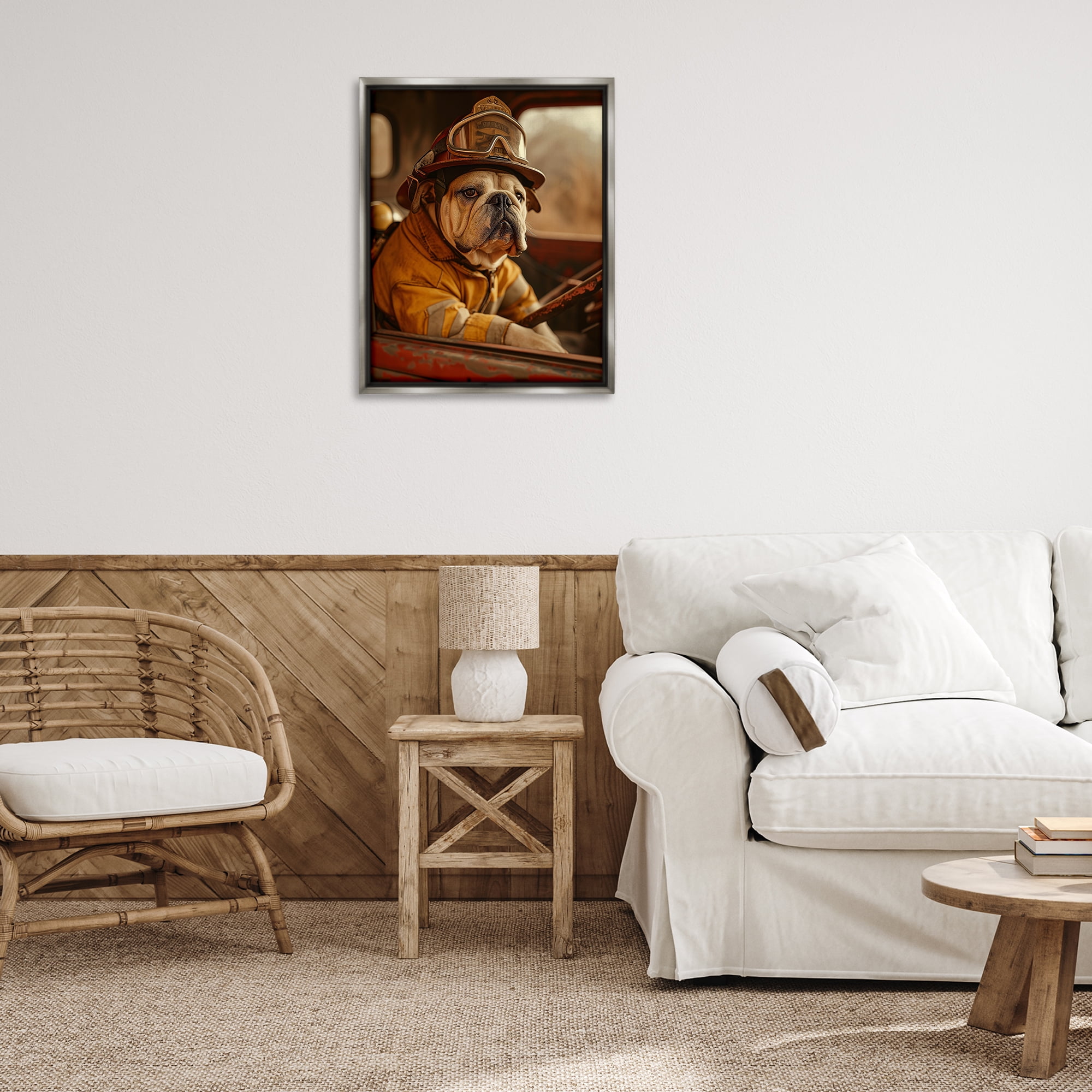 Stupell Industries Rustic Bulldog Fireman Novelty Painting Gray Floater Framed Canvas Art Print Wall Art, 25 x 31