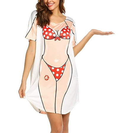 Springcmy Women s Bikini Shirt Cover Up Short Sleeve Cute 3D Bikini Print Swimwear Cover-Up Baggy T Shirt Dress Fun Wear Red Dots M
