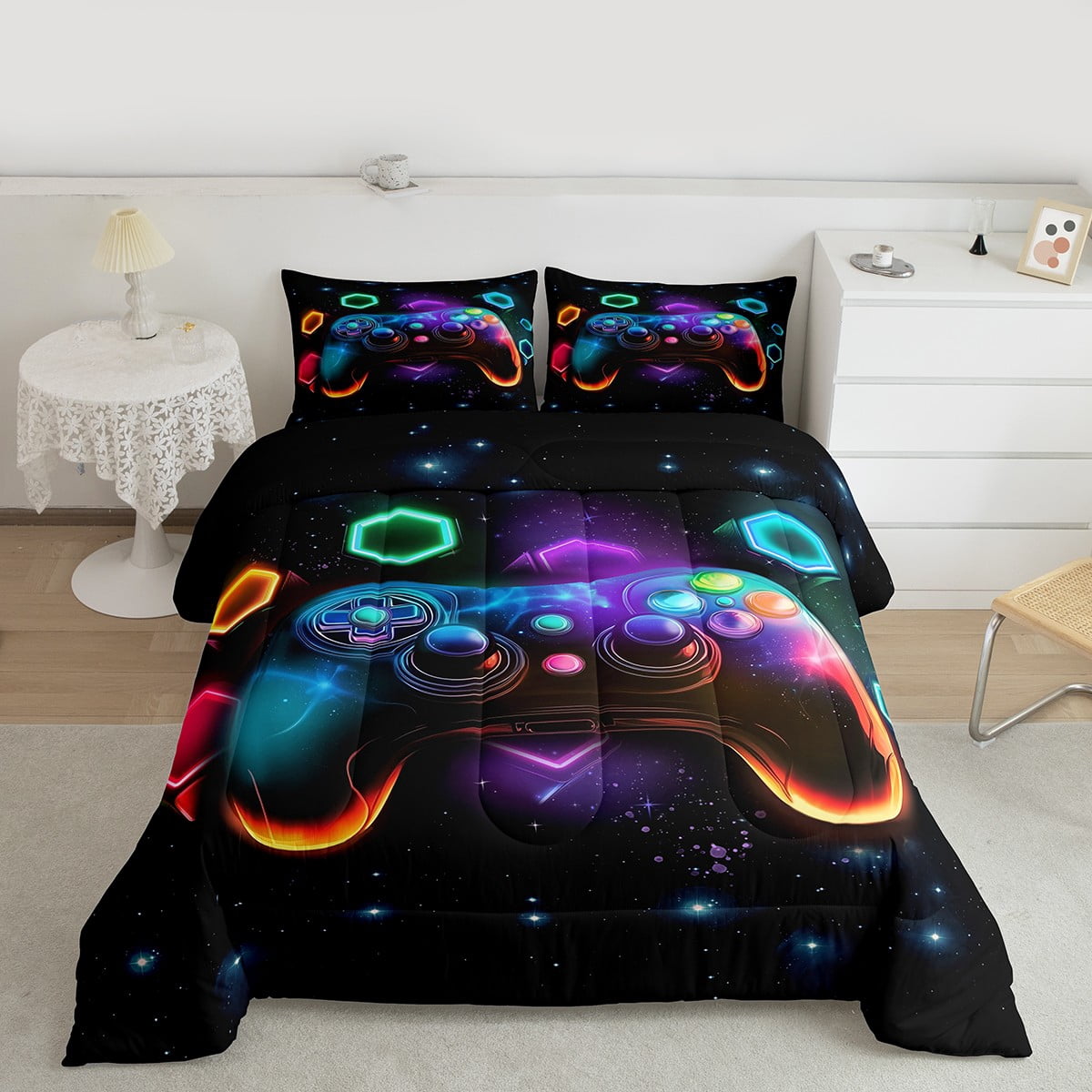 Gamepad Bedding Set Queen for Teens 3pcs Soft,Colorful Galxy Bedding Decor,Gamepad Reversible
