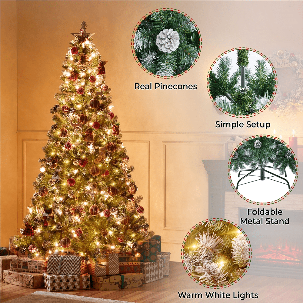 Alden Design 6 Ft Pre-lit Frosted Artificial Christmas Tree with Pinecones, Green