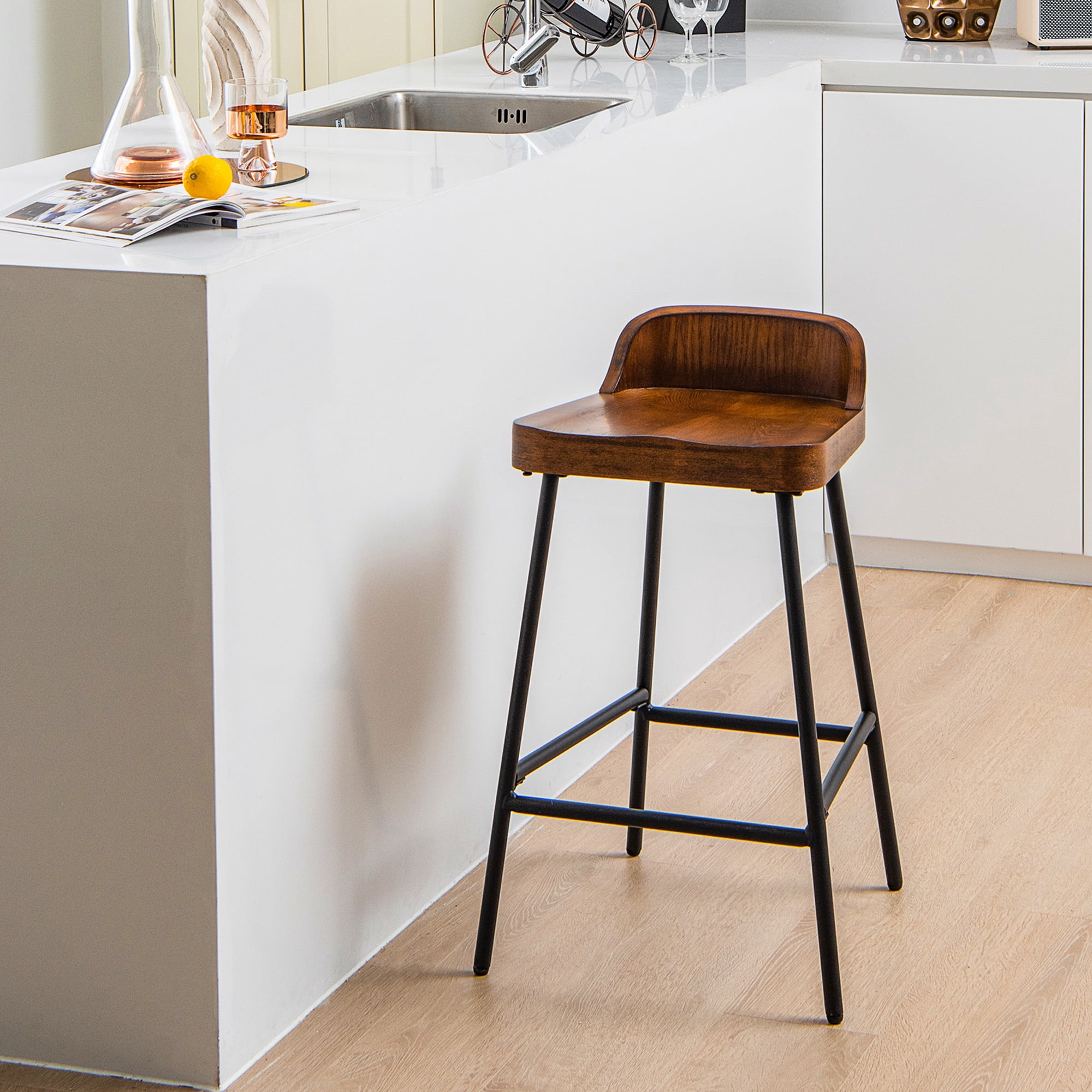 Gymax Fashion 2PCS 24.5'' Low-Back Bar Stool Industrial Counter Height Chair Stool