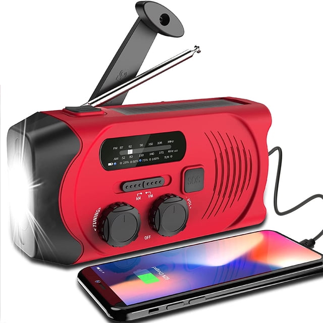 AM/FM, USB Rechargeable, 2000mAh Power Bank, LED Light, SOS Alarm & Hand Crank for Camping, Survival, Travel Red Emergency Solar Radio