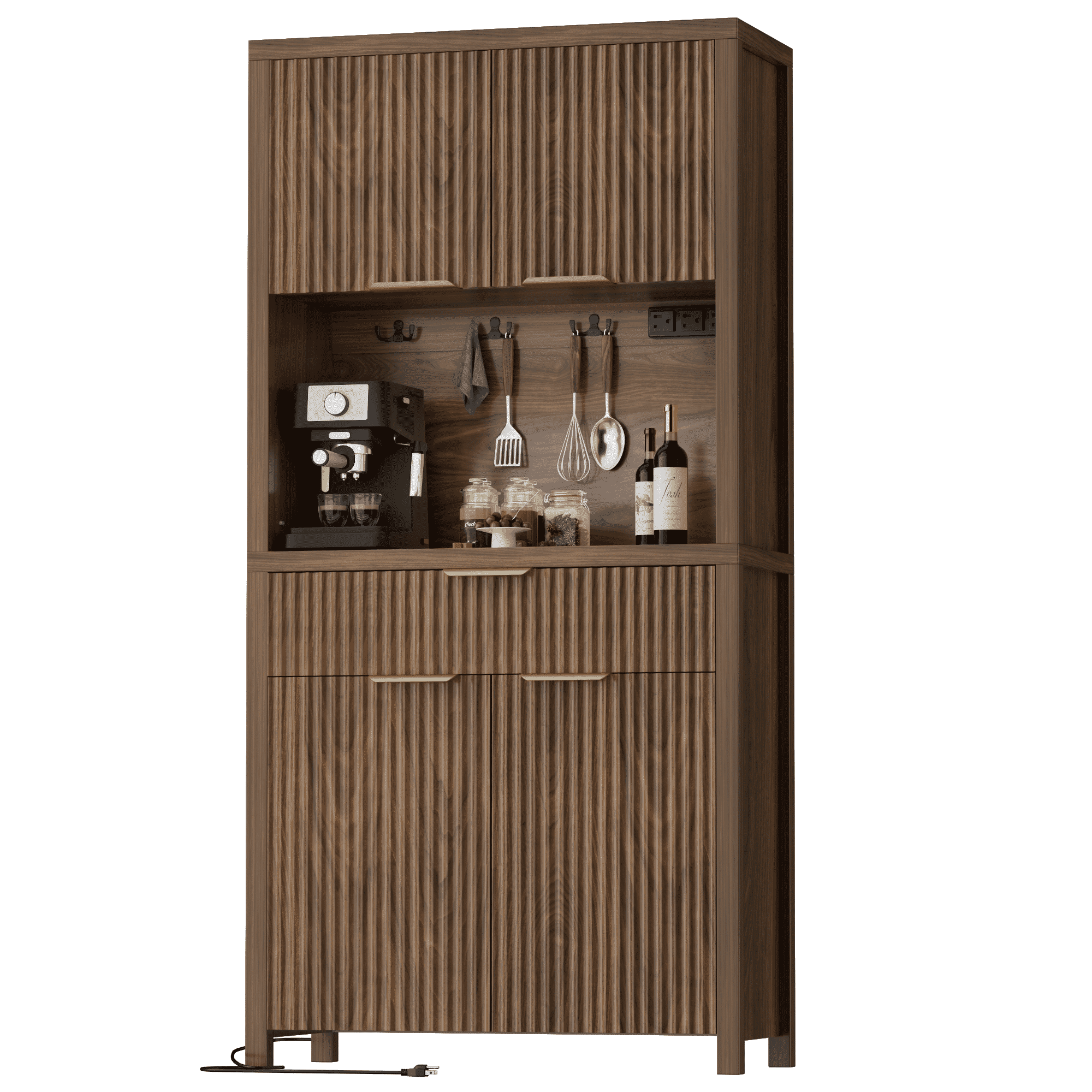 Laintene Kitchen Pantry Cabinet with Charging Station, 71" Tall Pantry Storage with Adjustable Shelves, Fluted Storage Cabinet with Open Countertop and Drawer for Dining Living Room, Walnut
