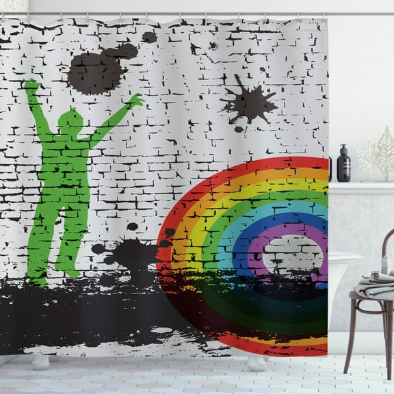 Urban Graffiti Shower Curtain, Rainbow Contoured Bulls Eye Pattern with a Green Man Silhouette Splashes, Fabric Bathroom Set with Hooks, 69W X 75L Inches Long, Multicolor, by Ambesonne