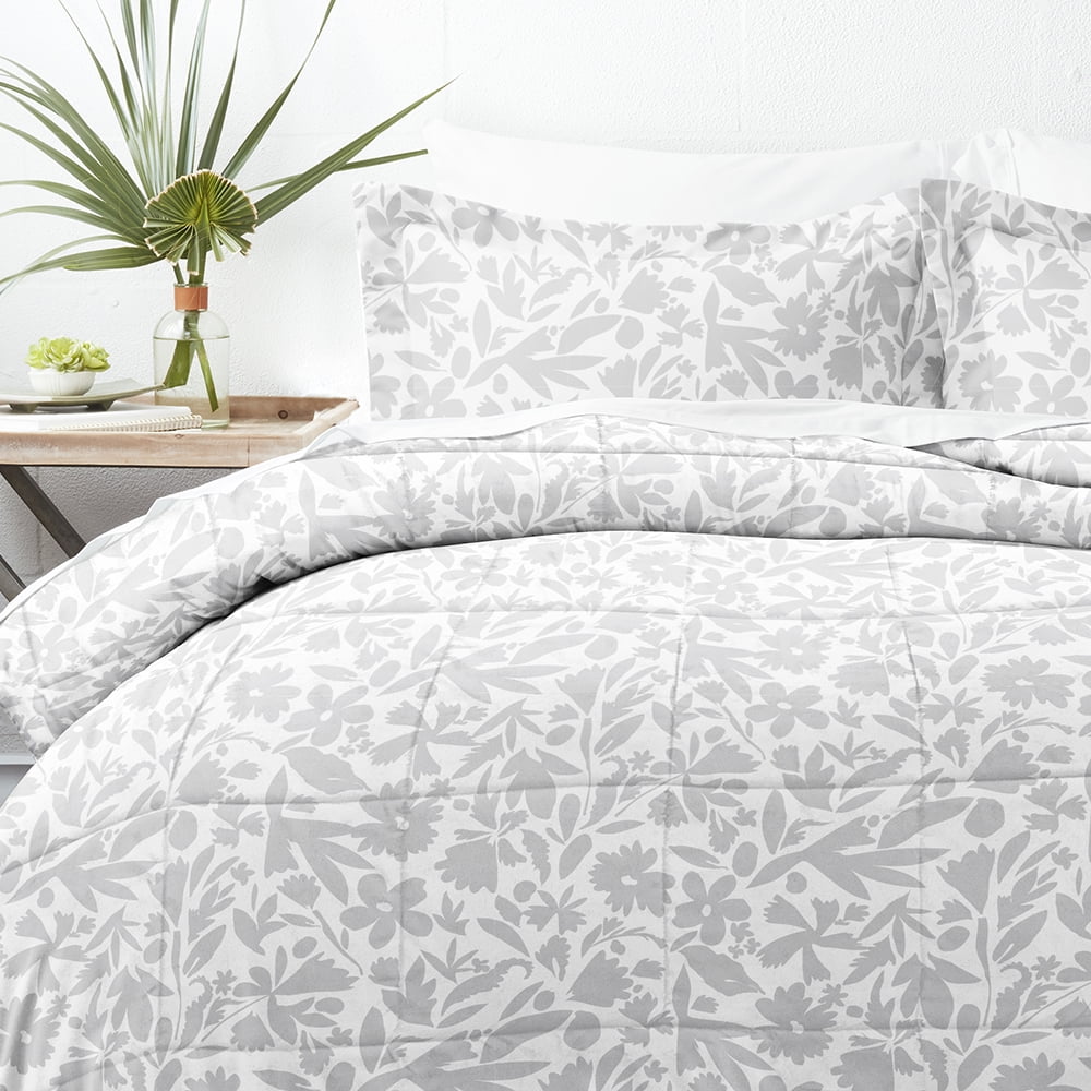 Noble Linens 3-Piece Light Gray Abstract Garden Print Comforter Set, King/CalKing