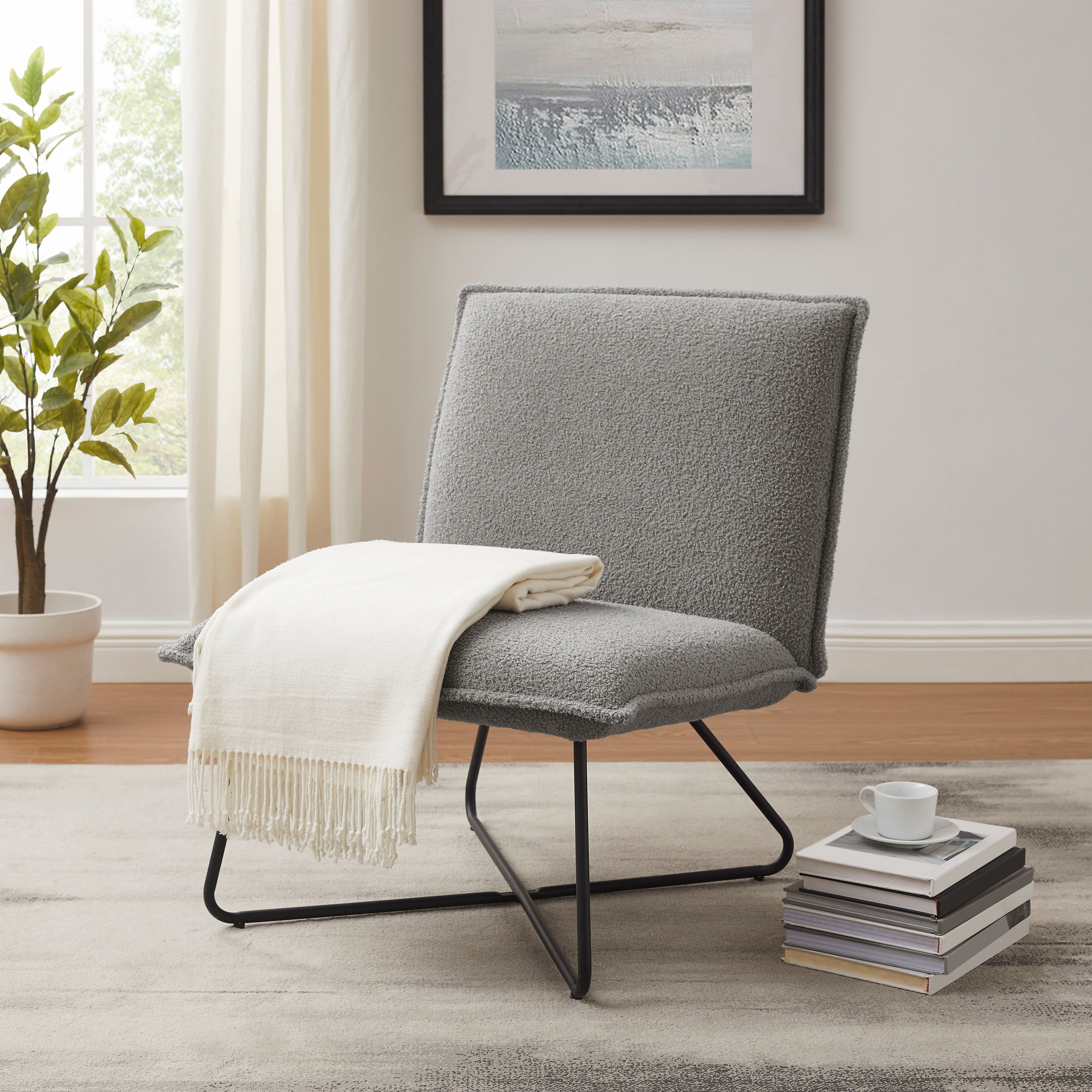 Linon Kinard Pillow Accent Chair with Black Metal Legs, Gray Sherpa