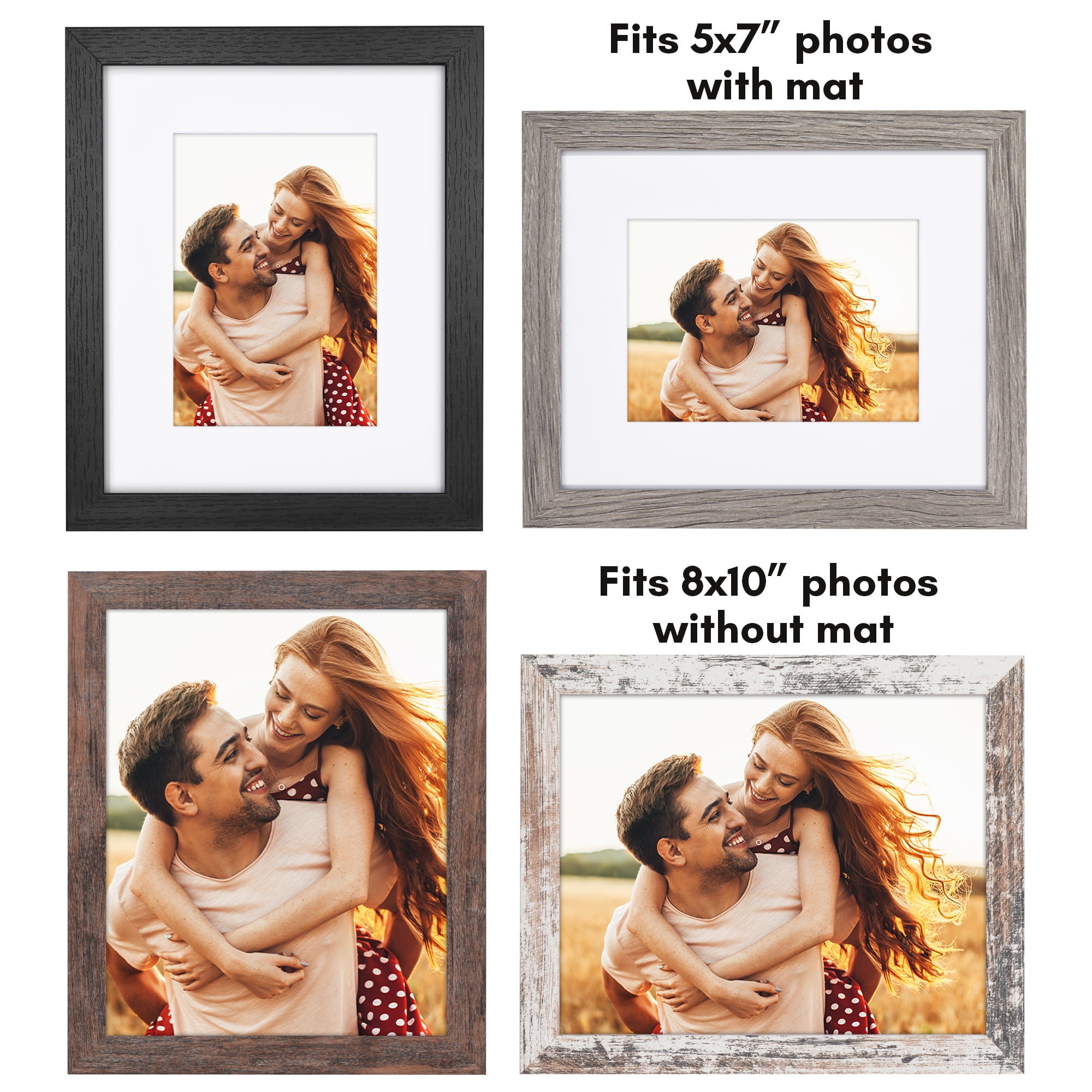 Americanflat 8x10 Picture Frame with 5x7 Mat 4 Pack - Rustic Picture Frames Shatter Resistant Glass and Easel