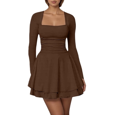 DGMIOCS Women’s Dress Classic Off-Shoulder Neck Skater A-Line Knee-Length Patchwork Beach and Party Ready Coffee XL