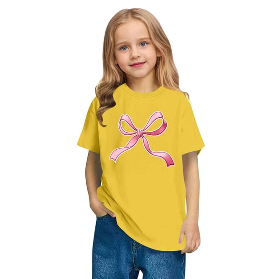 Summer T-Shirts For Girls Crew Neck Short Sleeve Bow Print Pullover Tops Cute Casual Loose Blouse For 3-14 Years (13 Years, Yellow)