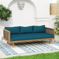 thumbnail image 2 of Modern Daybed, Wooden 3-Seater Couch Frame with Rattan Arms, Water-Resistant Cushion, Multifunctional Sofa Bed for Living Room, Bedroom, Balcony, Patio, Natural & Dark Green, 2 of 9