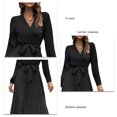 thumbnail image 5 of Women's Long Dress V Neck Long Sleeve Pleated A Line Skirt Lantern Sleeve Clothing Black S, 5 of 6