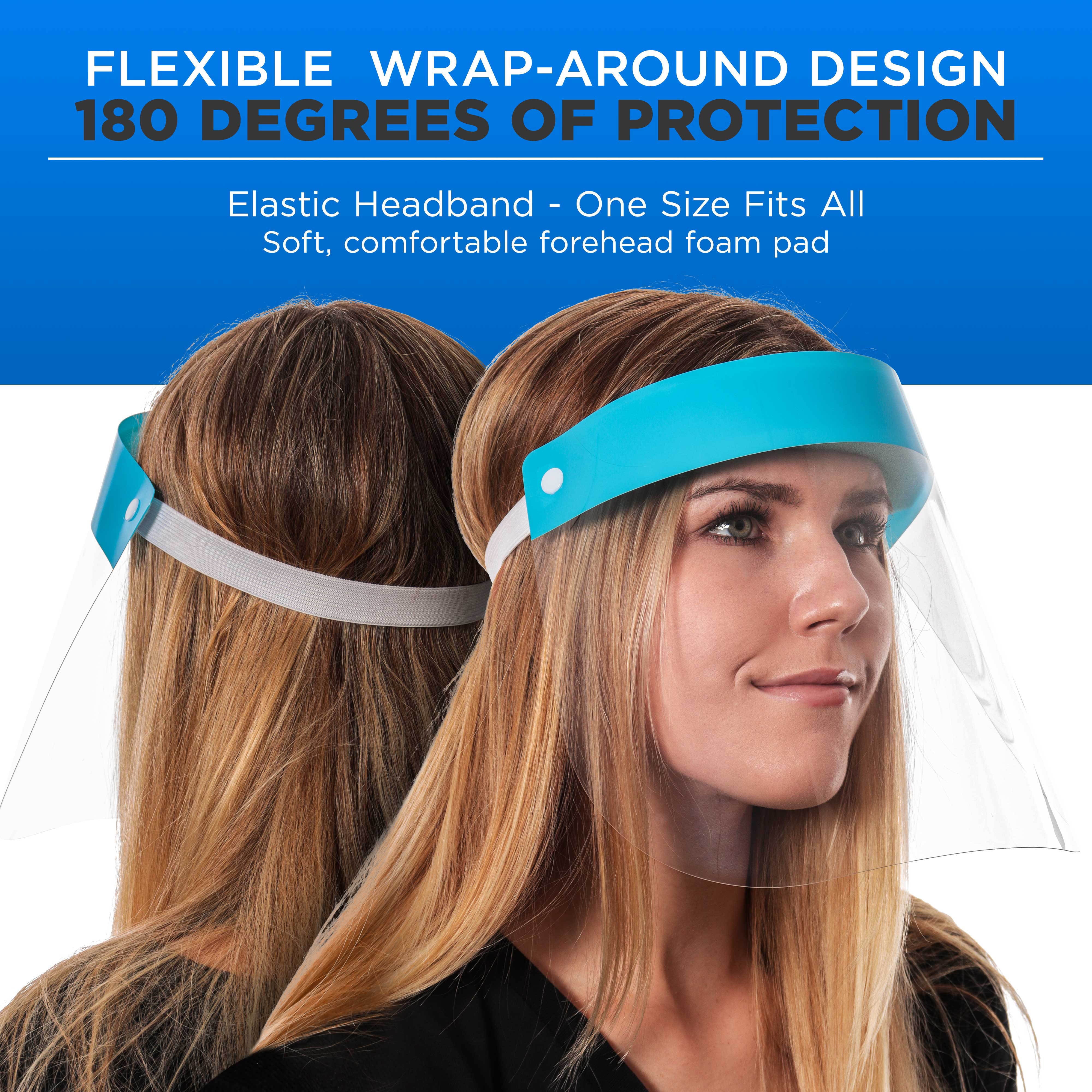 Face Shields - Case of 20 Packs (200 Shields) - Ultra Clear Protective Full Face Shields to Protect Eyes, Nose and Mouth - Anti-Fog PET Plastic, Elastic Headband