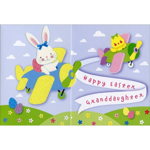 Pictura Bunny and Chick Flying Airplane Easter Card for Granddaughter
