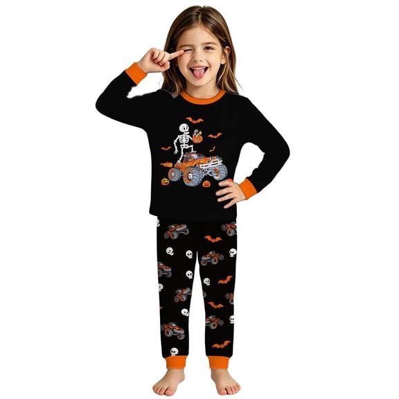 Kids Halloween Pajamas Size 4-5 Years Childrens Halloween Nightwear Long Sleeve Top with Pants Cozy Set Girls Pajama Set Black