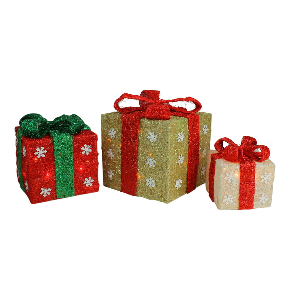 Set of 3 Lighted Gold, Green & Cream Sisal Gift Boxes Christmas Outdoor ...
