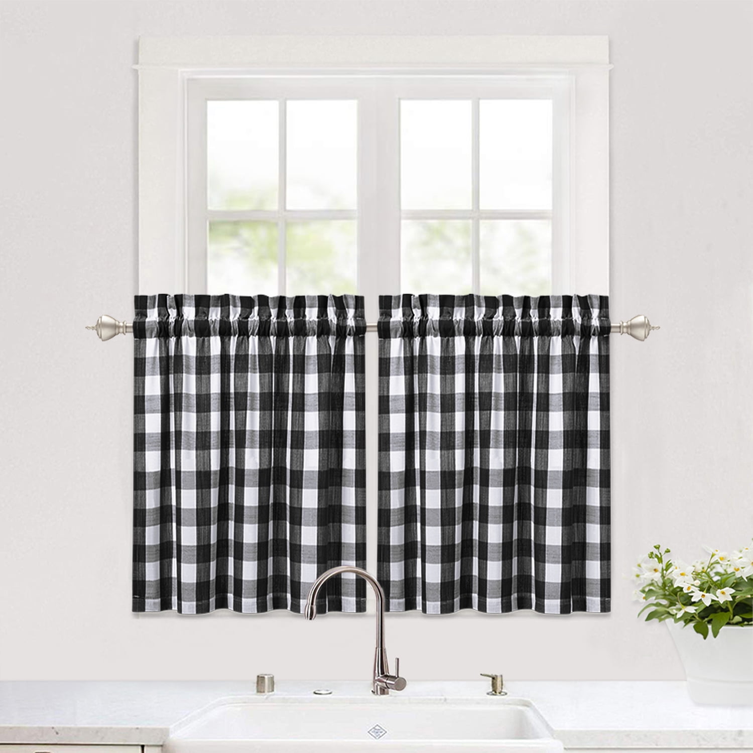 Haperlare Farmhouse Kitchen Curtains Buffalo Check Plaid Blackout Thick Yarn Dyed Cafe Curtain, Black/White, 28'W x 24'L 2 Panels