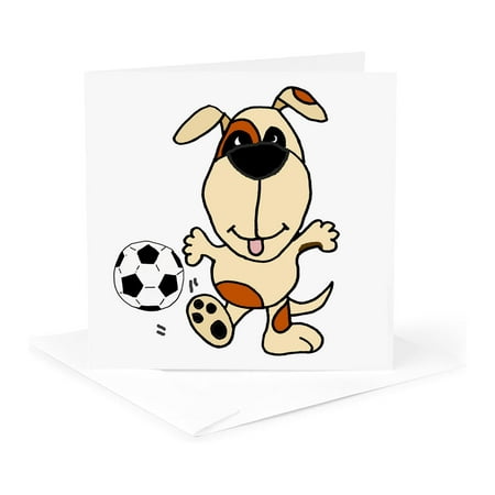 3dRose, Cool Funny Cute Happy Hound Dog Playing Soccer Cartoon, 1 Greeting Card with envelope