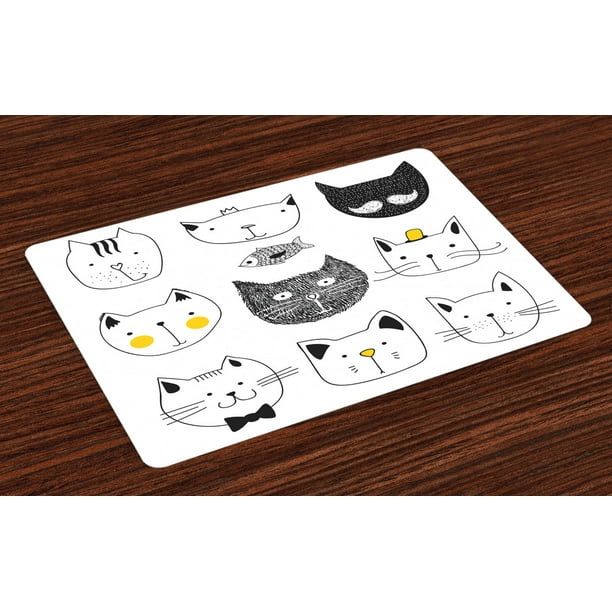 Cat Placemats Set of 4 Stylish Cats with Moustache Bow Tie Hat Crown Fluffy and Fish Humor Faces