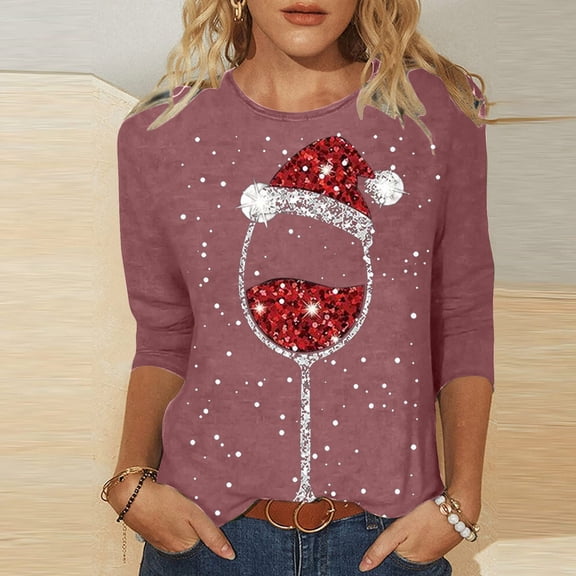 T-Shirt Décontracté de Noël pour Femmes avec Verre de Vin Rouge Imprimé, Col Rond, Manches Trois-Quarts