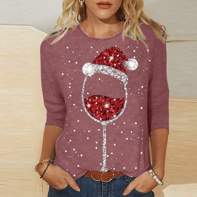 T-Shirt Décontracté de Noël pour Femmes avec Verre de Vin Rouge Imprimé, Col Rond, Manches Trois-Quarts