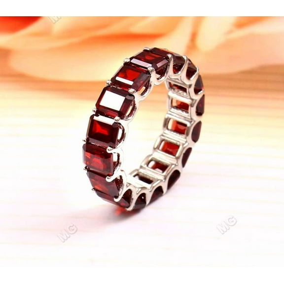 Garnet Full Eternity Band, Emerald Cut Natural Garnet Eternity Ring, Sterling Silver January Birthstone Ring,Matching Stacking Ring Mom Gift