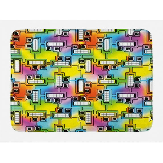 Colorful Bath Mat, Hippie Digital Fun Characters with Eyes and Teeth Video Games Artwork Pattern, Non-Slip Plush Mat Bathroom Kitchen Laundry Room Decor, 29.5 X 17.5 Inches, Multicolor, Ambesonne