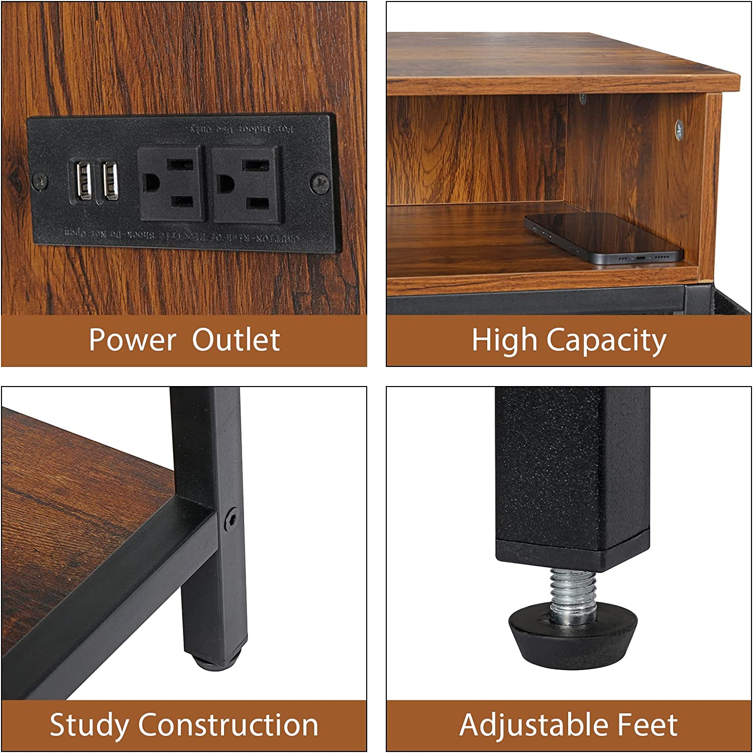 Oumilen Western Home 25.2" End Table with Charging Station, Rustic Walnut Wood