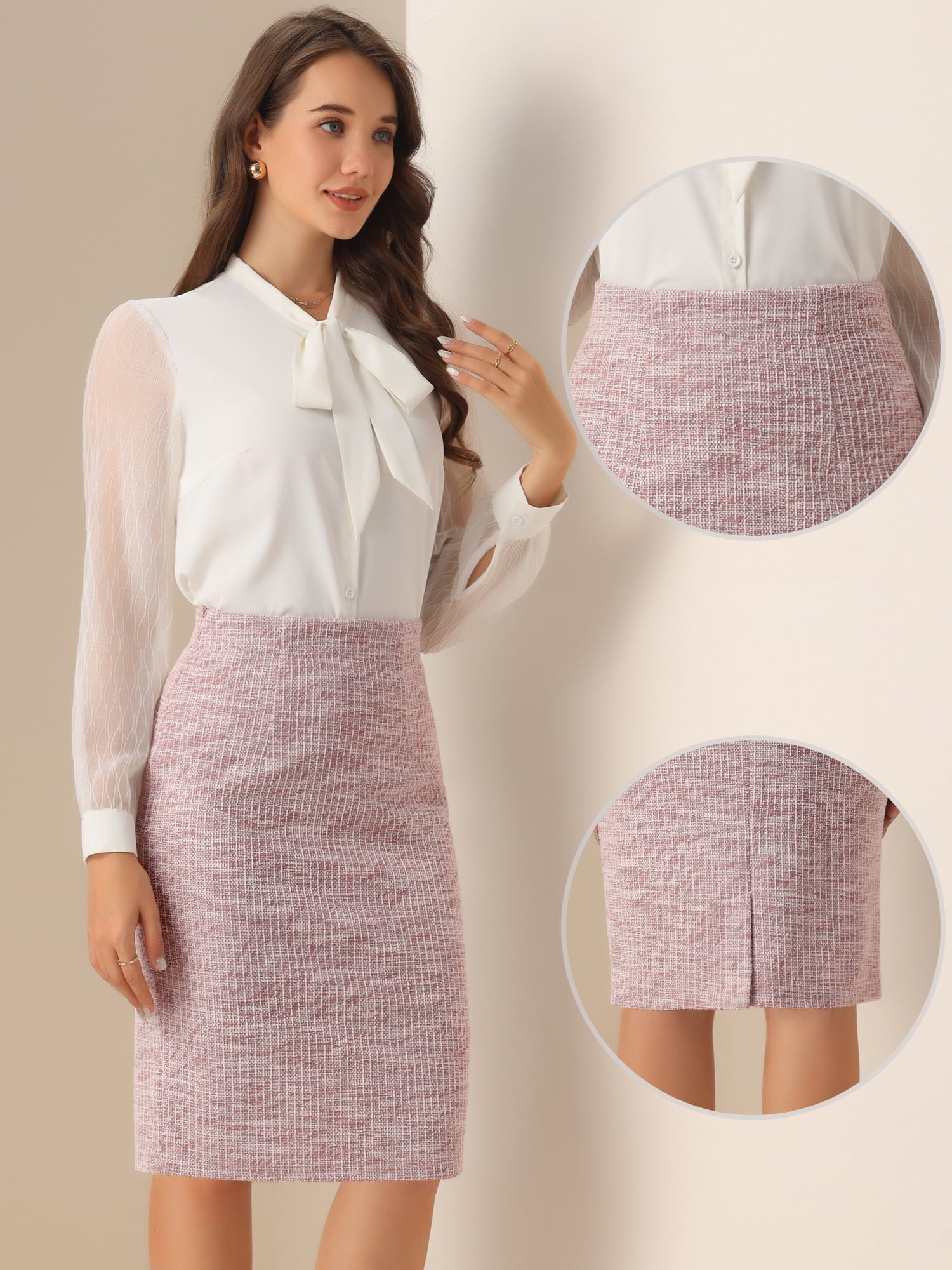 DARING DIVA Women's Tweed High Waist Plaid Pencil Skirts S Pink