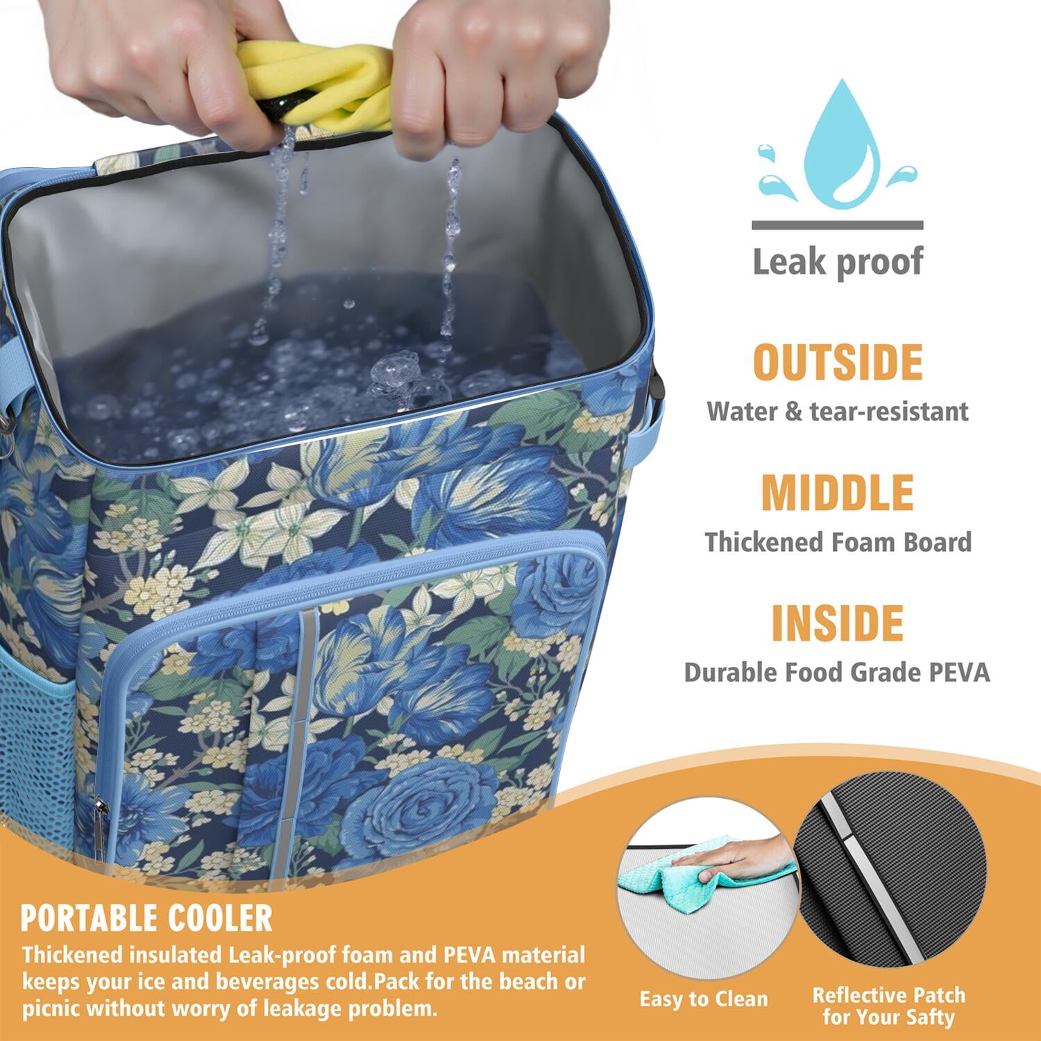 Travel Cooler Bag - Pioneer Flower Floral Print Pattern Camping Beer Cooler Backpack with Bottle Opener- Waterproof Insulated Picnic Backpacks - Cooler Bag for Beach