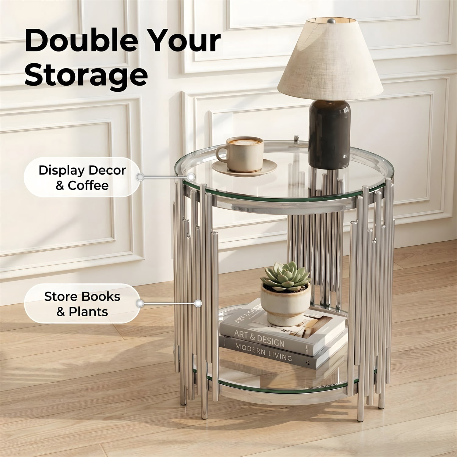 Hommoo 19.7 Inch Round 2-Tier Glass End Table, Stainless Steel Base with Clear Tempered Glass, Modern Luxury Side Table for Living Room, Bedroom & Home Office, Sliver