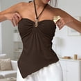 thumbnail image 6 of Domzest Womens Asymmetrical Hem Halter Tank Top Slim Fit Blackless Metal Ring Front Ruched Top Summer Tie Up Cami Tank Brown L, 6 of 7