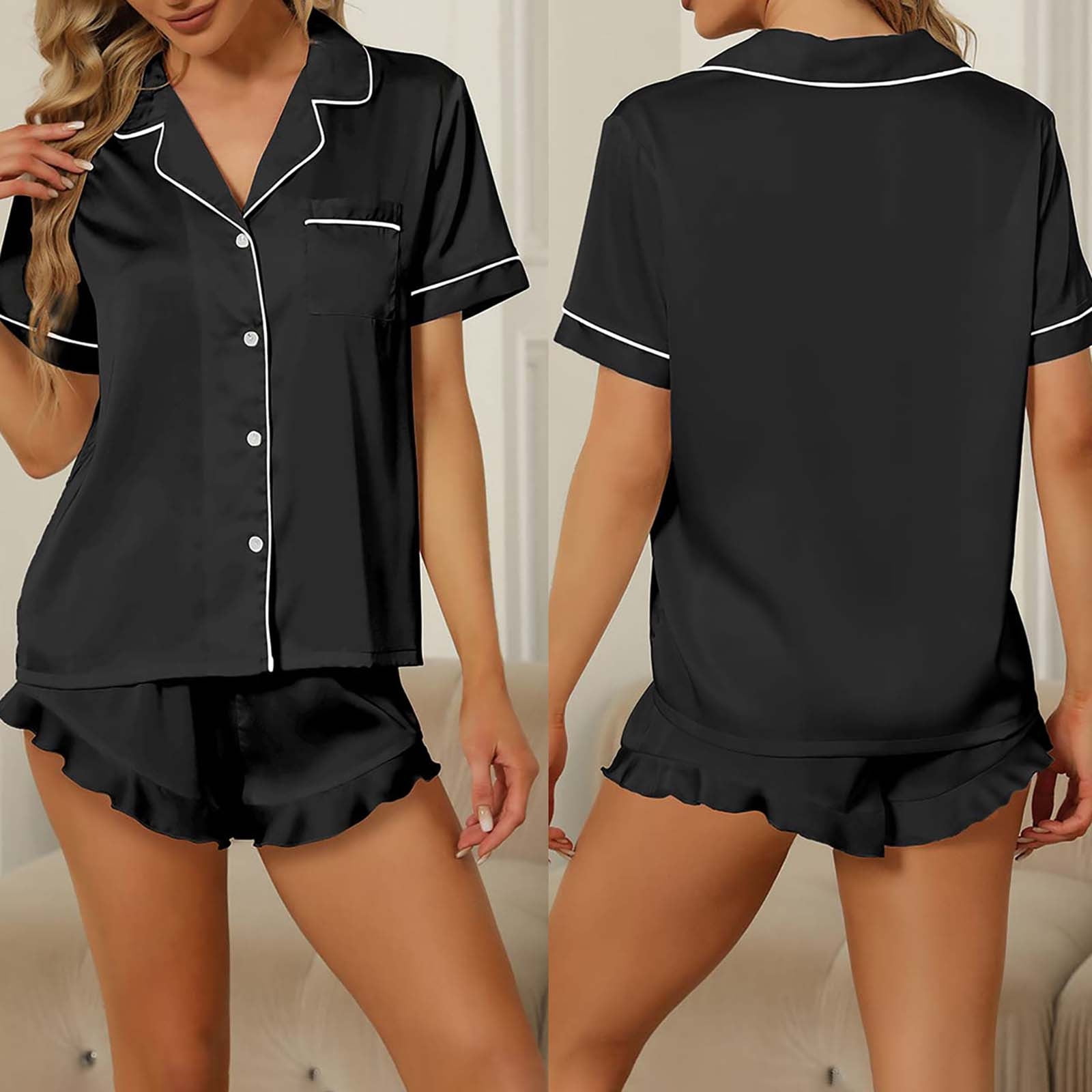 Timegard Women Pajamas Sets 2 Piece Summer Satin Button down Short Sleeve Shirts Drawstring Shorts Comfy Outfits