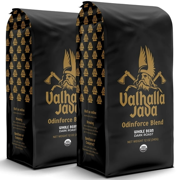 Valhalla Java Odinforce Blend Whole Bean Coffee, USDA Organic and Fair Trade, Medium Roast, Bold Arabica Robusta, 12 oz (2-Pack)