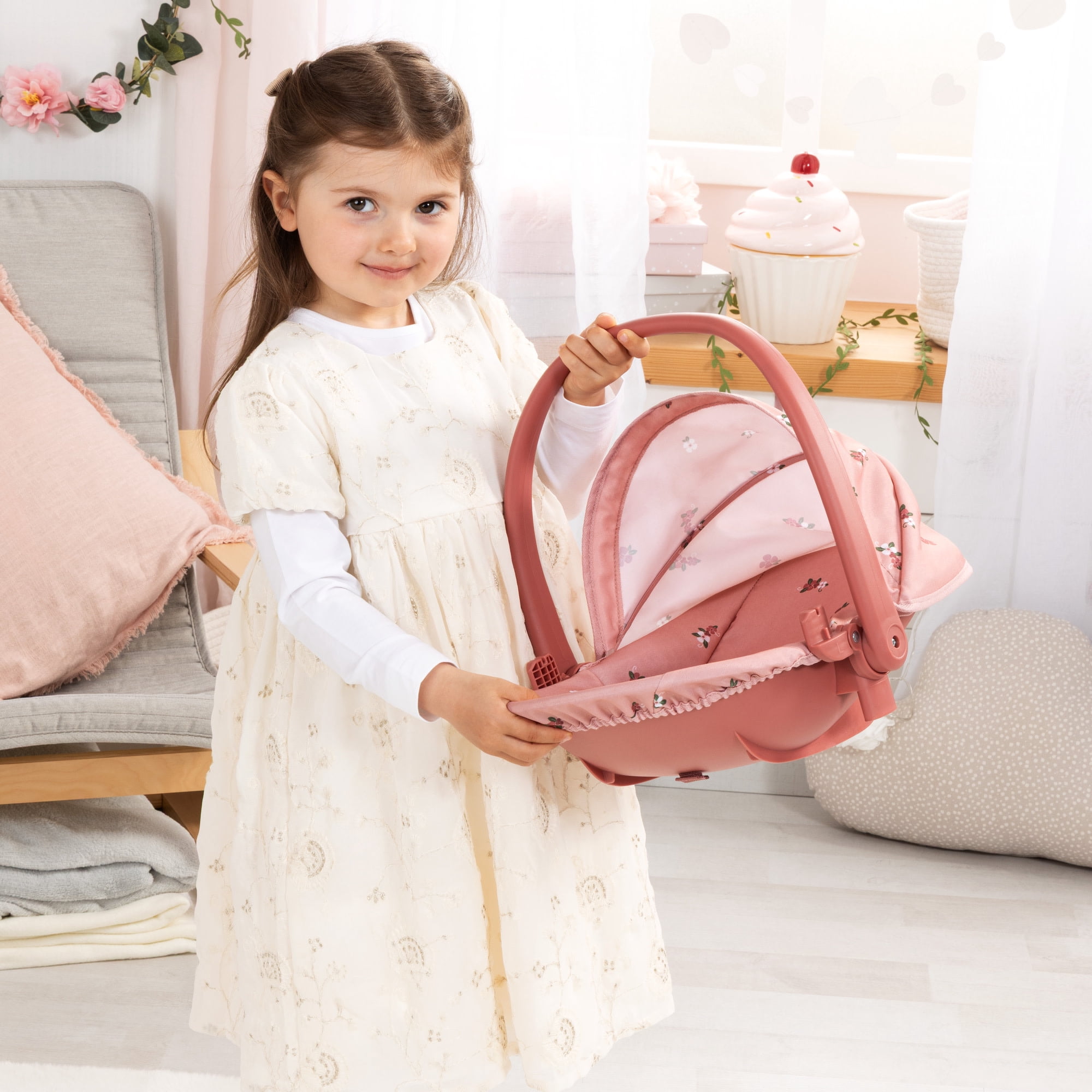 Bayer Design: Doll 4-In-1 Vario - Pink & Flowers - Convertible Toy: Highchair-Swing-Bed-Car Seat, All-In-1 Care Accessory Fits 18" Dolls, Kids 3+
