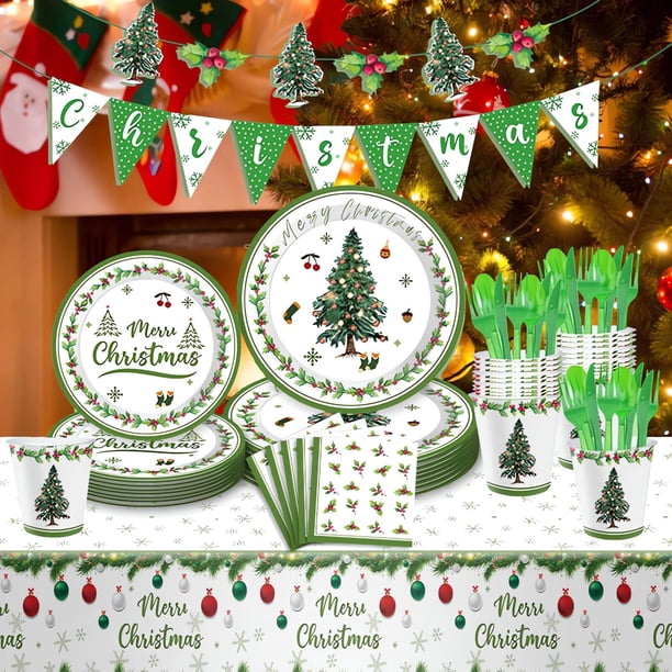 Decoraciones para vajilla de fiesta de Navidad, juego de mesa de papel de árbol de Navidad desechable con bandera de tirón, decoraciones desechables para vajilla de fiesta de Navidad
