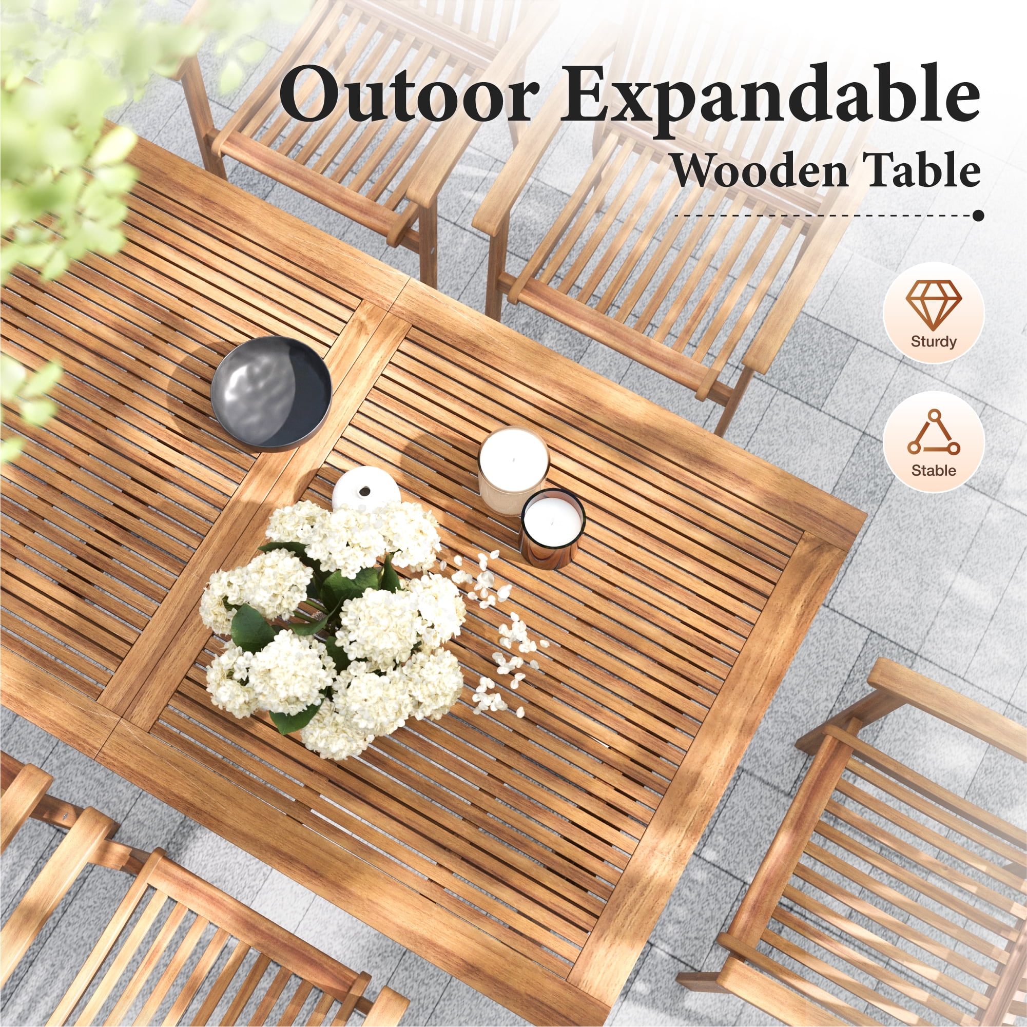 SUMMIT LIVING 9-Piece Acacia Wood Outdoor Patio Dining Set with 8 Wooden Chairs & 1 Expandable Wooden Dining Table with Umbrella Hole for 8 Person